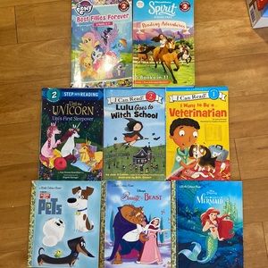 8 Girls reading books my little pony, unicorn, spriit, disney princess